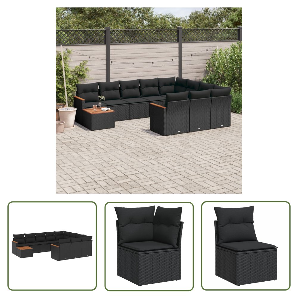 The Living Store 11-cz. zestaw wypoczynkowy do ogrodu - poduszki czarny rattan PE - Sofa Ogrodowa