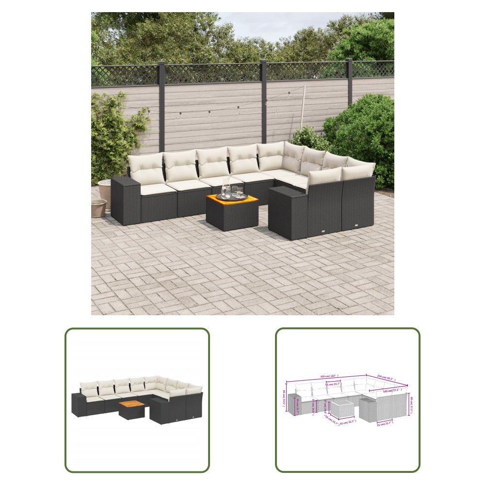 The Living Store 10-cz. zestaw wypoczynkowy do ogrodu - poduszki czarny rattan PE - Sofa Ogrodowa