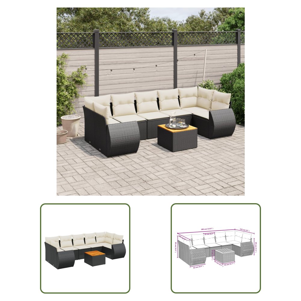 The Living Store 8-cz. zestaw wypoczynkowy do ogrodu - z poduszkami - czarny - Sofa Ogrodowa