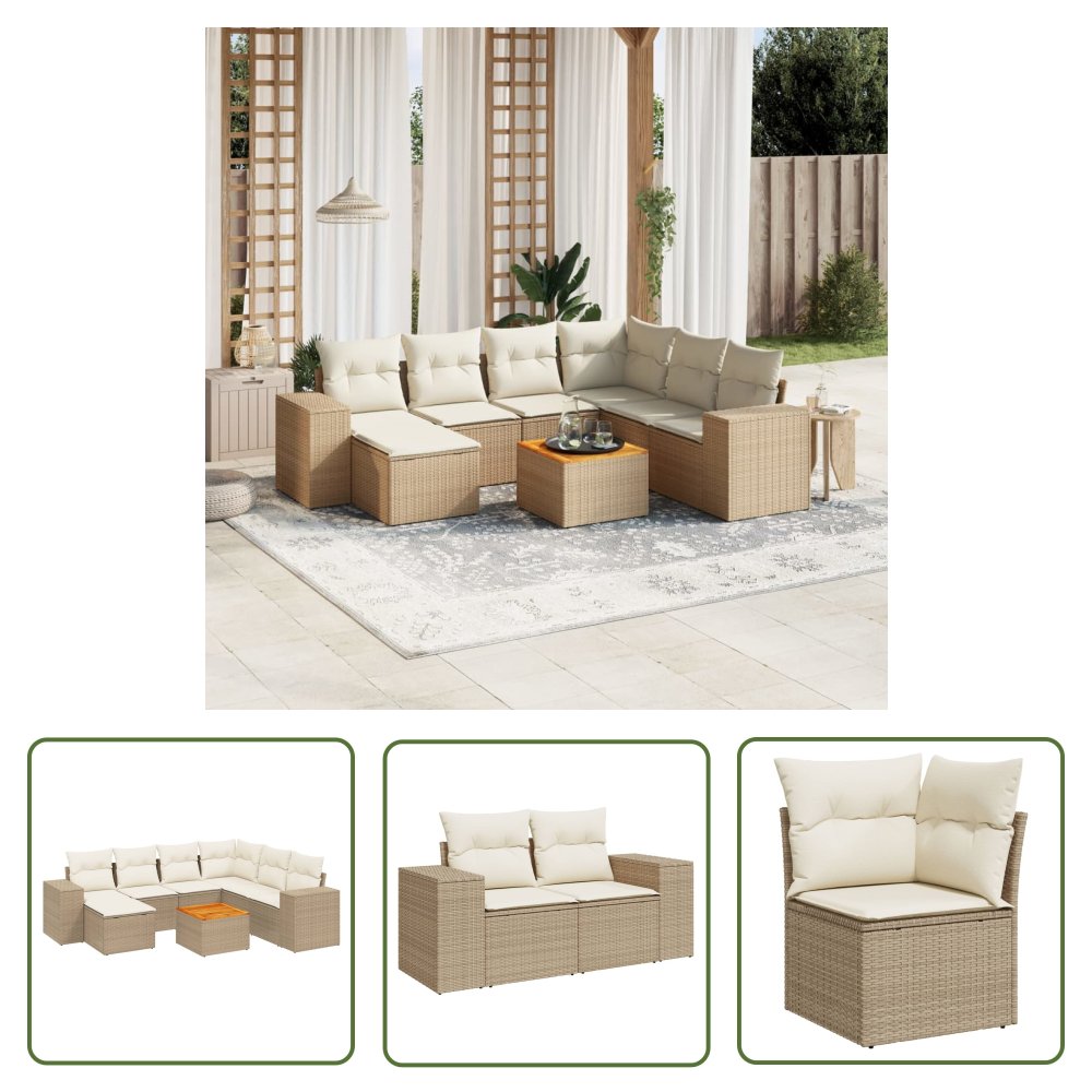 The Living Store 8-cz. zestaw mebli ogrodowych z poduszkami - beżowy - polirattan - Sofa Ogrodowa