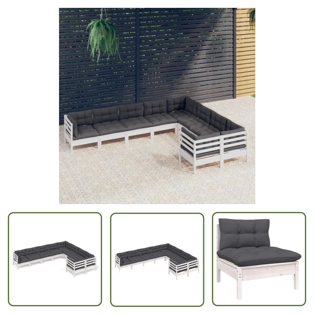 The Living Store 9-cz. zestaw wypoczynkowy do ogrodu - poduszki - biały - sosnowy - Zestaw Wypoczynkowy Do Ogrodu