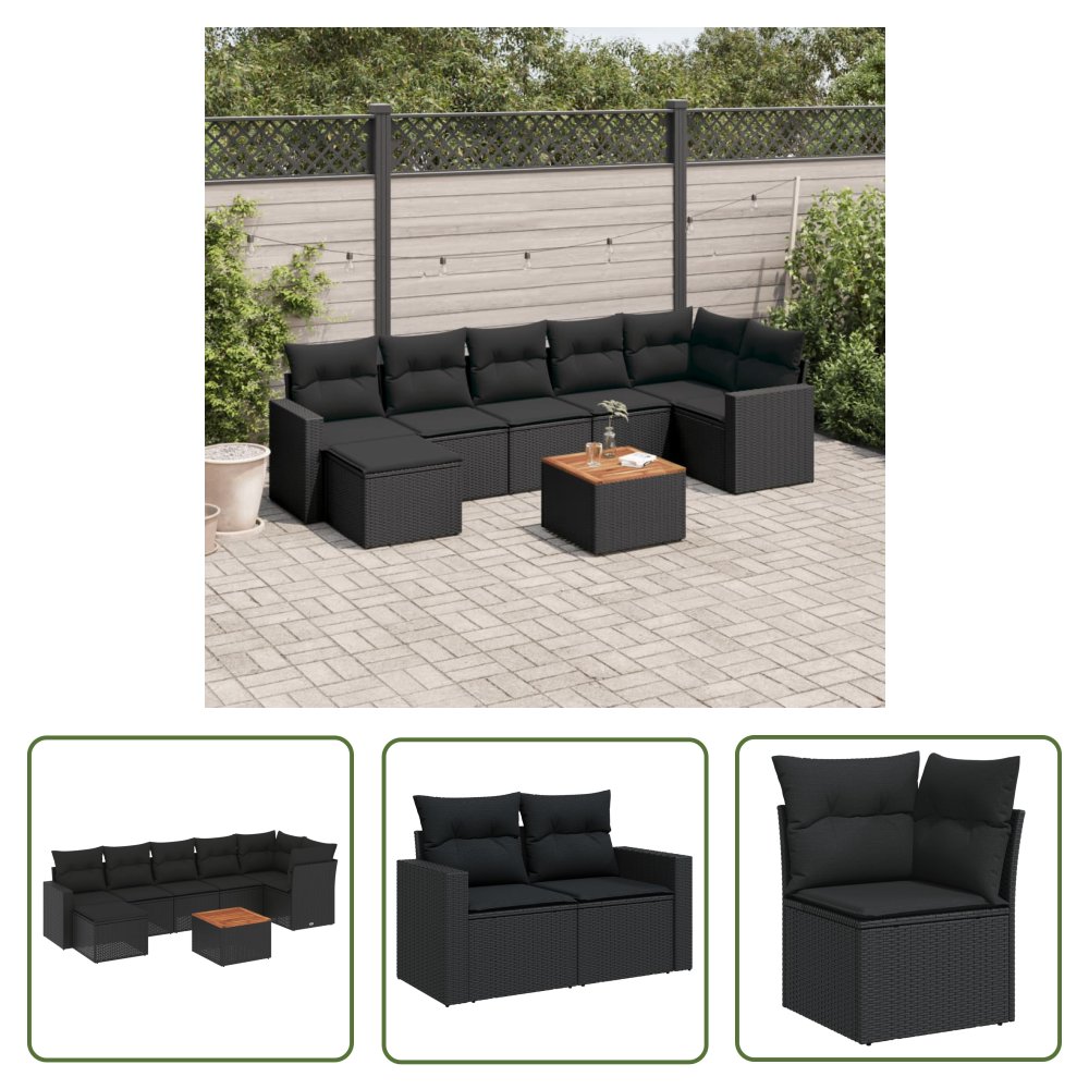 The Living Store 8-cz. zestaw wypoczynkowy do ogrodu - z poduszkami - czarny - Sofa Ogrodowa