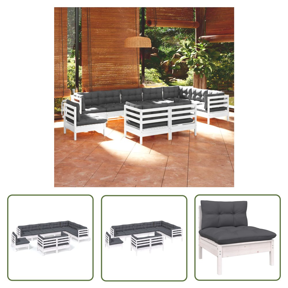 The Living Store 10-cz. zestaw wypoczynkowy do ogrodu - poduszki - biały - sosnowy - Zestaw Wypoczynkowy Do Ogrodu