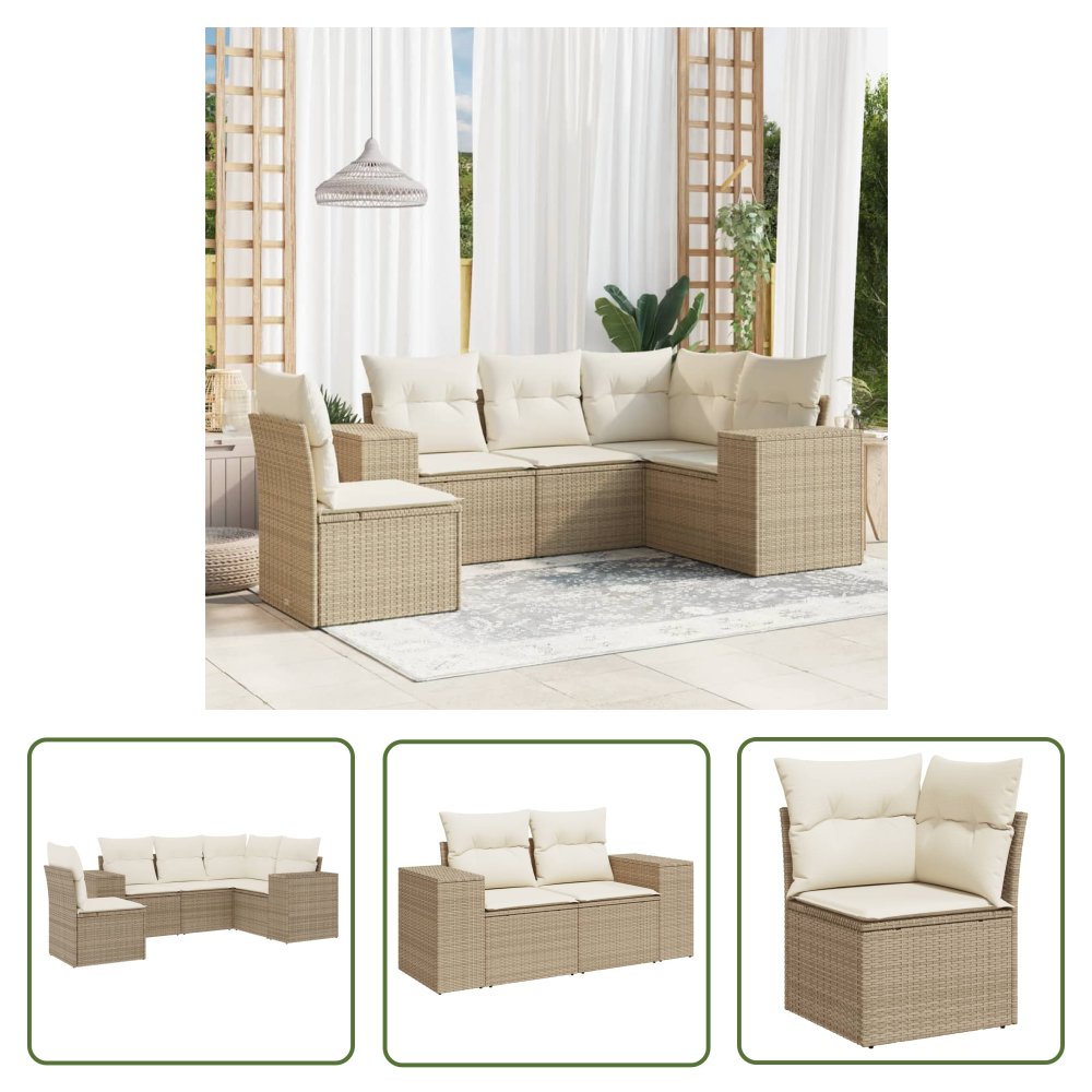 The Living Store 5-cz. zestaw mebli ogrodowych z poduszkami - beżowy - polirattan - Sofa Ogrodowa