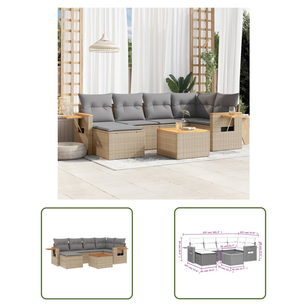 The Living Store 7-cz. zestaw wypoczynkowy do ogrodu - z poduszkami - beżowy - Sofa Ogrodowa