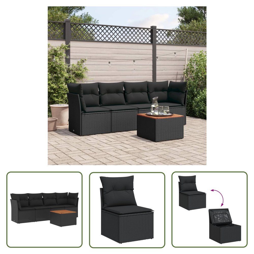 The Living Store 5-cz. zestaw wypoczynkowy do ogrodu - poduszki - czarny rattan PE - Sofa Ogrodowa