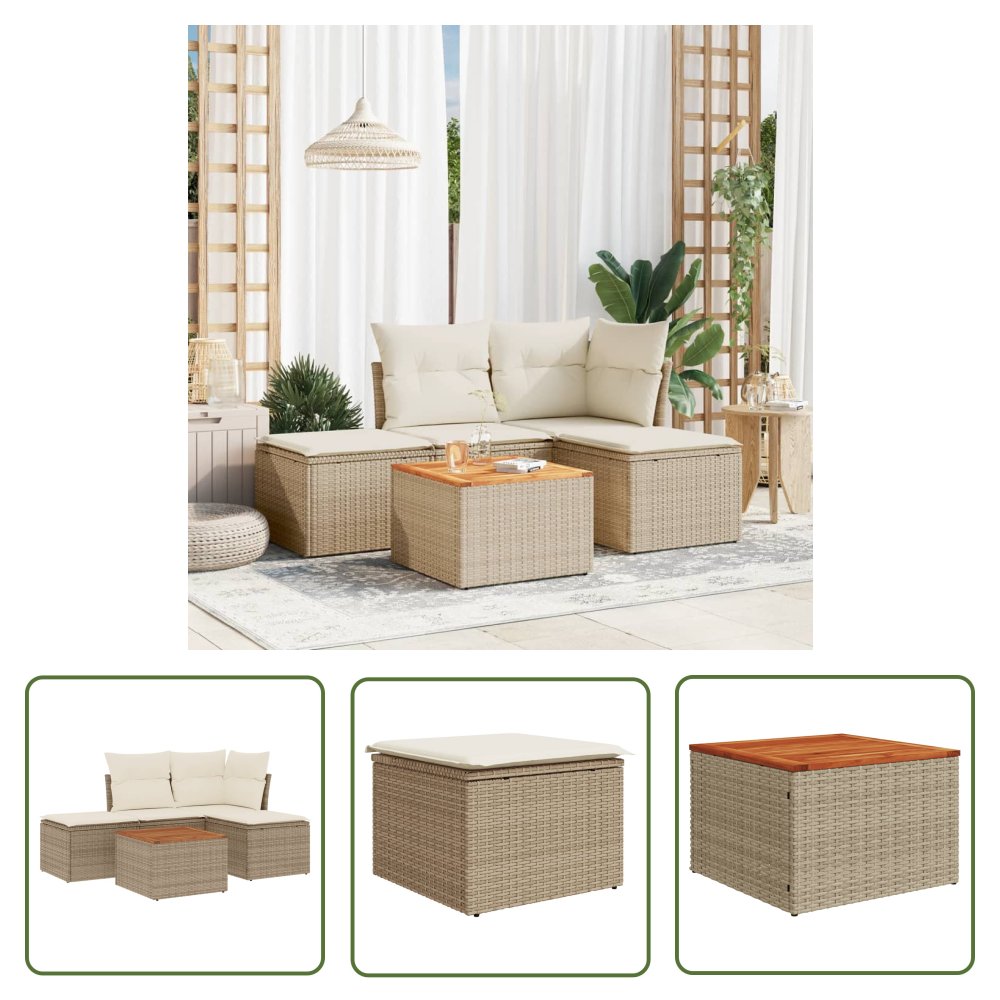 The Living Store 5-cz. zestaw mebli ogrodowych z poduszkami - beżowy - polirattan - Sofa Ogrodowa