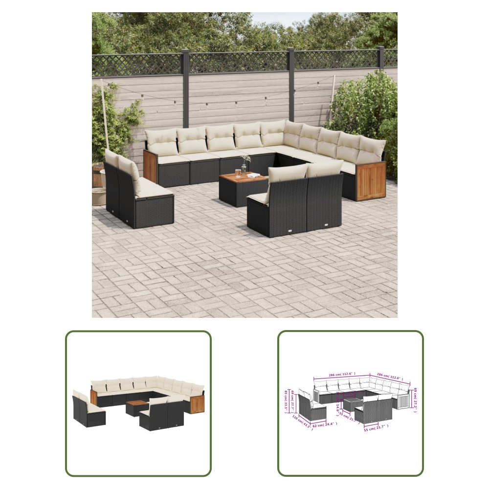 The Living Store 14-cz. zestaw wypoczynkowy do ogrodu - poduszki czarny rattan PE - Sofa Ogrodowa