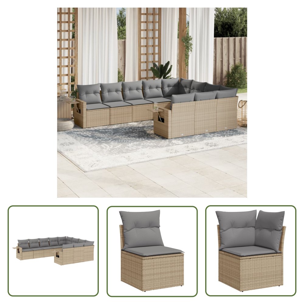 The Living Store 10-cz. zestaw mebli ogrodowych z poduszkami - beżowy - polirattan - Sofa Ogrodowa
