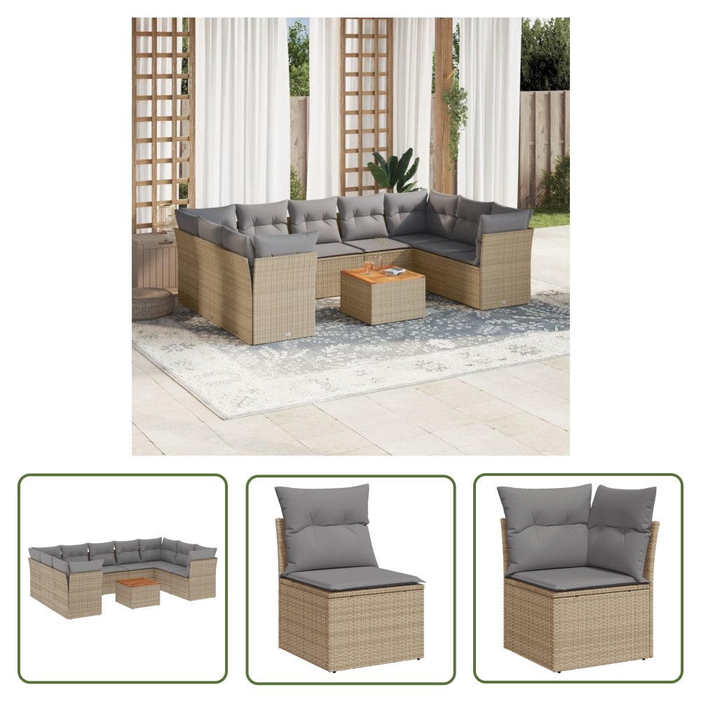 The Living Store 10-cz. zestaw mebli ogrodowych z poduszkami - mieszany beż - Sofa Ogrodowa