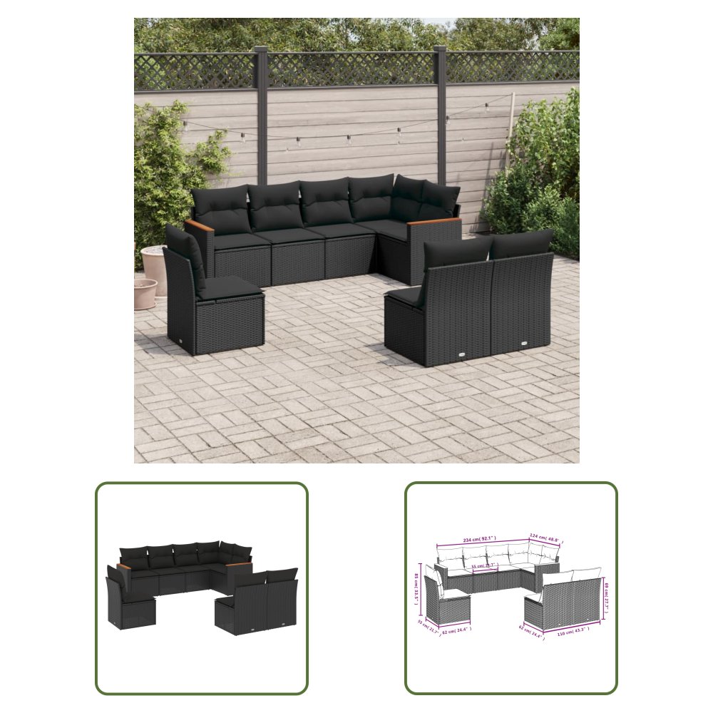 The Living Store 8-cz. zestaw wypoczynkowy do ogrodu - z poduszkami - czarny - Sofa Ogrodowa