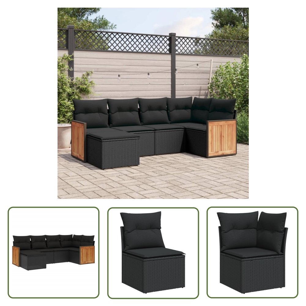 The Living Store 6-cz. zestaw mebli ogrodowych z poduszkami - czarny polirattan - Sofa Ogrodowa