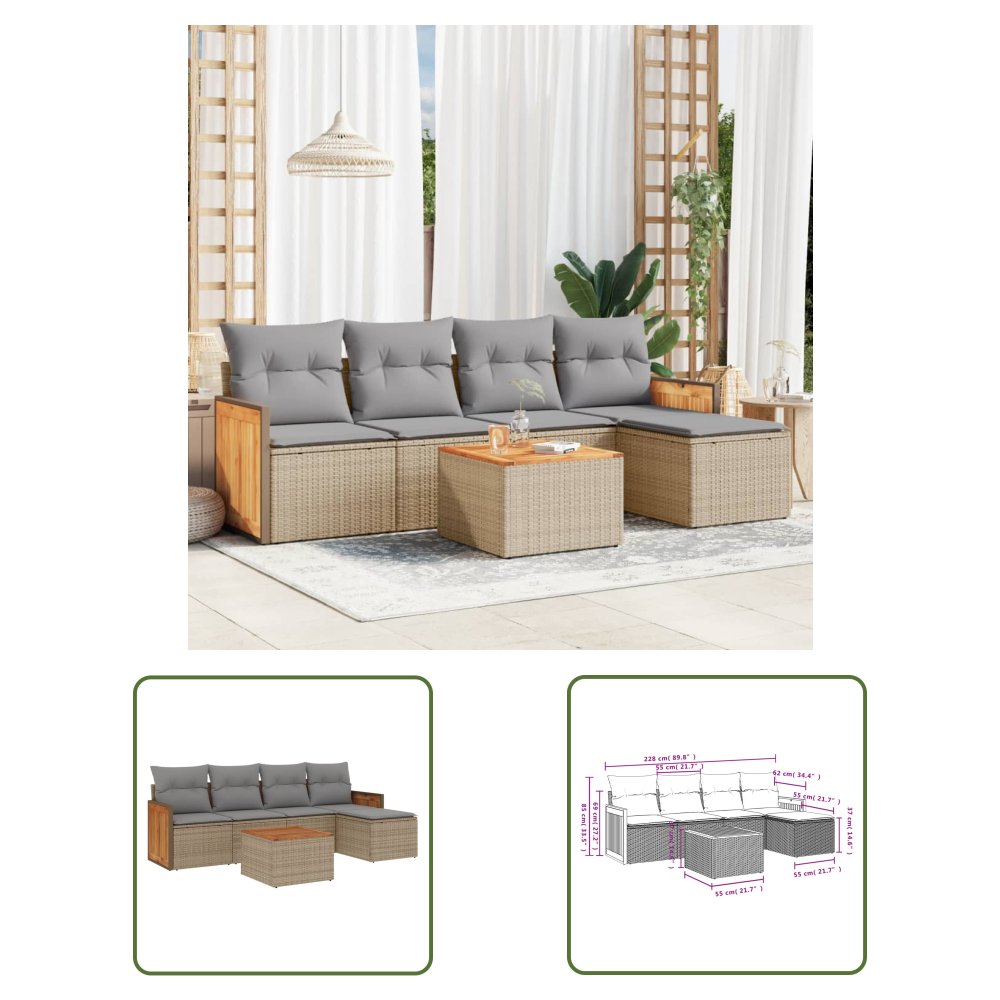 The Living Store 6-cz. zestaw mebli ogrodowych z poduszkami - beżowy - polirattan - Sofa Ogrodowa
