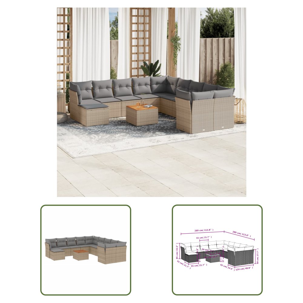 The Living Store 12-cz. zestaw mebli ogrodowych z poduszkami - beżowy - polirattan - Sofa Ogrodowa