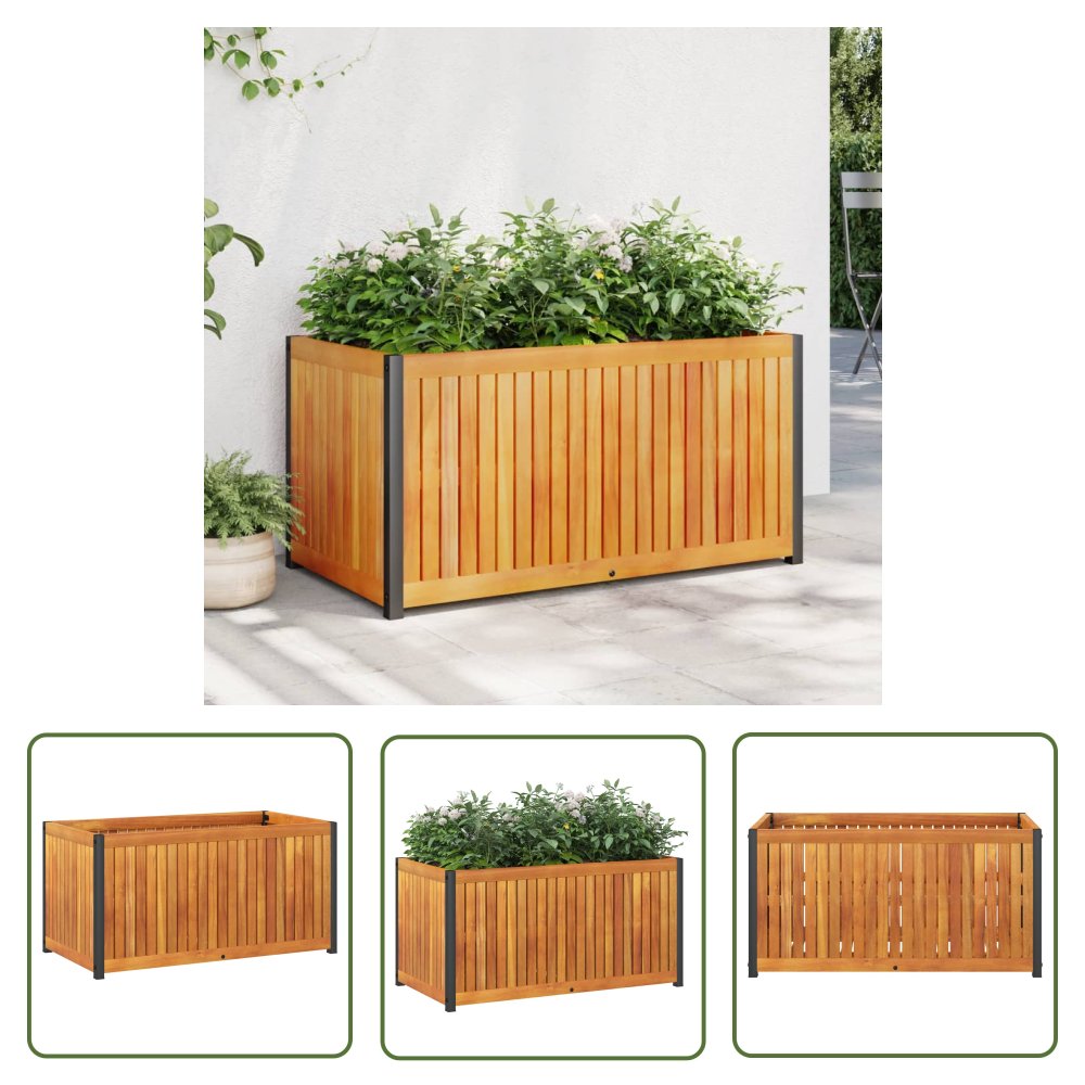 The Living Store Donica ogrodowa - 85x45x44 cm - lite drewno akacjowe i stal - Donica Ogrodowa