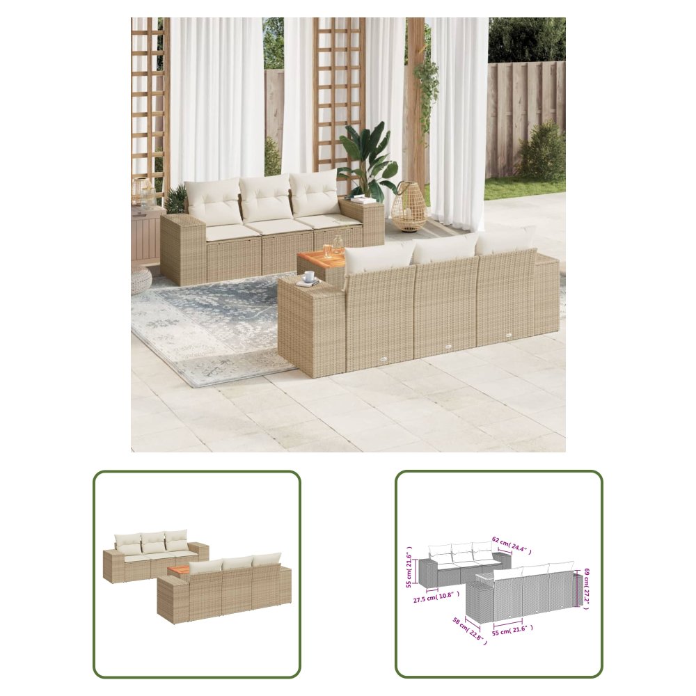 The Living Store 7-cz. zestaw wypoczynkowy do ogrodu - z poduszkami - beżowy - Sofa Ogrodowa