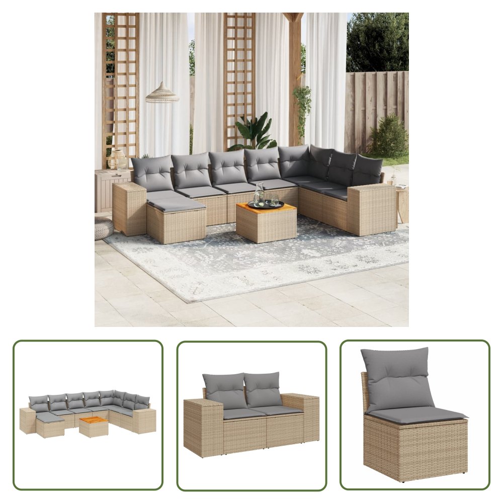 The Living Store 9-cz. zestaw mebli ogrodowych z poduszkami - beżowy - polirattan - Sofa Ogrodowa