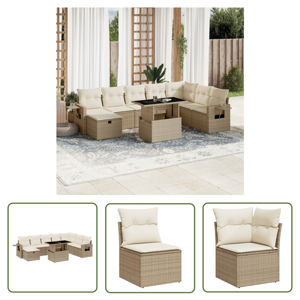 The Living Store 9-cz. zestaw mebli ogrodowych z poduszkami - beżowy - polirattan - Sofa Ogrodowa