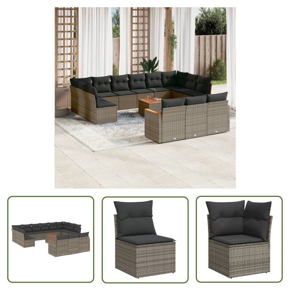 The Living Store 14-cz. zestaw mebli ogrodowych z poduszkami - szary - polirattan - Sofa Ogrodowa