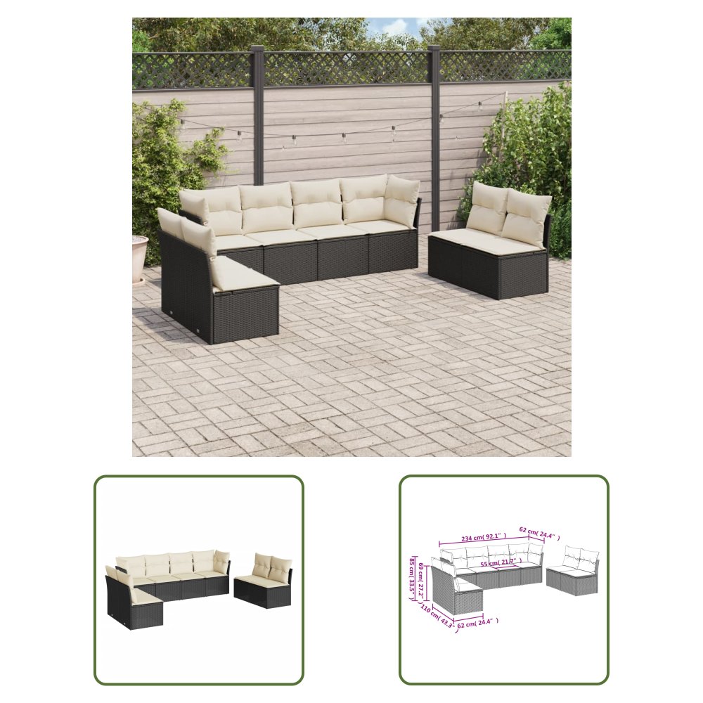 The Living Store 8-cz. zestaw wypoczynkowy do ogrodu - z poduszkami - czarny - Sofa Ogrodowa