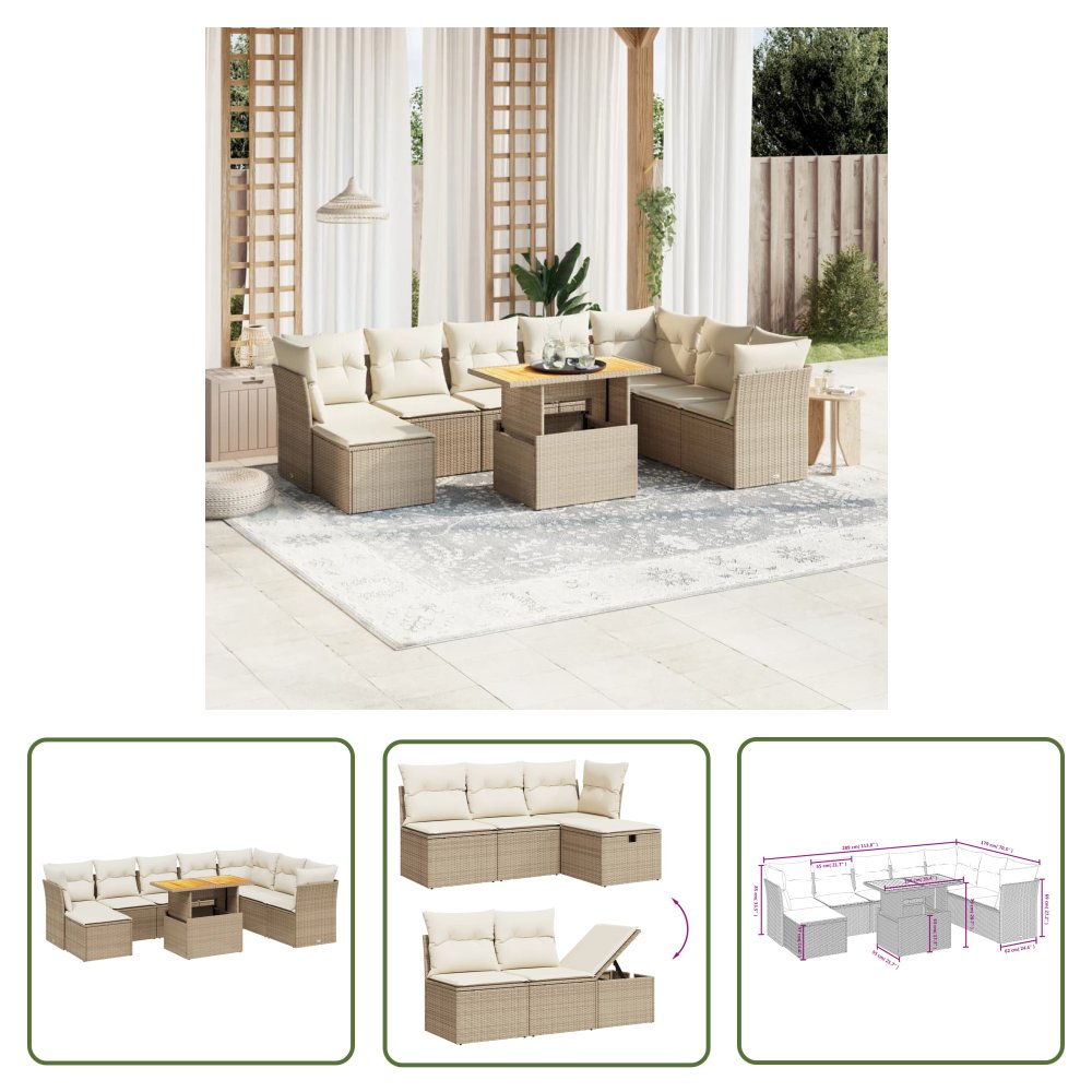 The Living Store 9-cz. zestaw mebli ogrodowych z poduszkami - beżowy - polirattan - Sofa Ogrodowa
