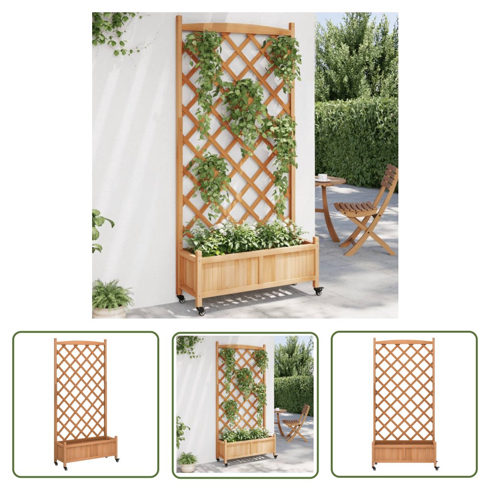 The Living Store Donica z trejażem i kółkami - brązowa - lite drewno jodłowe - Skrzynia Na Rośliny