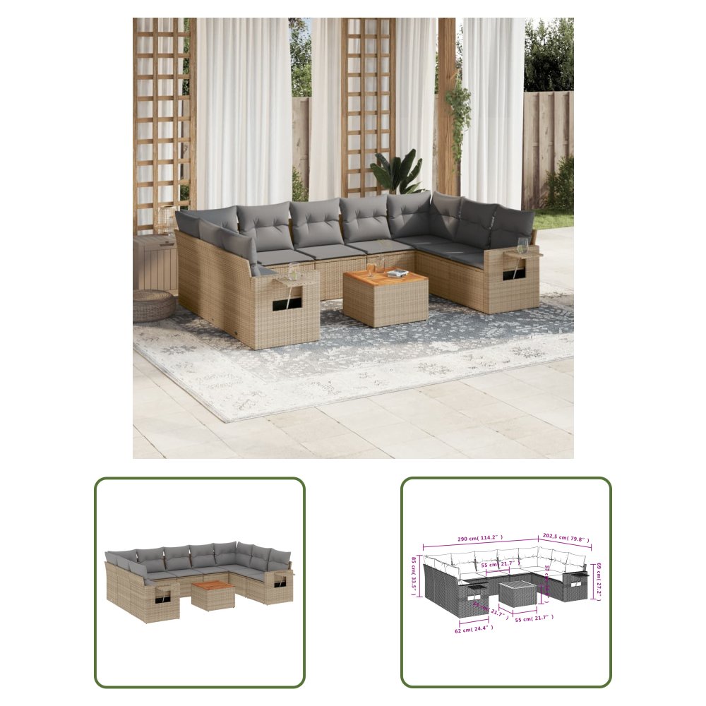 The Living Store 10-cz. zestaw mebli ogrodowych z poduszkami - mieszany beż - Sofa Ogrodowa