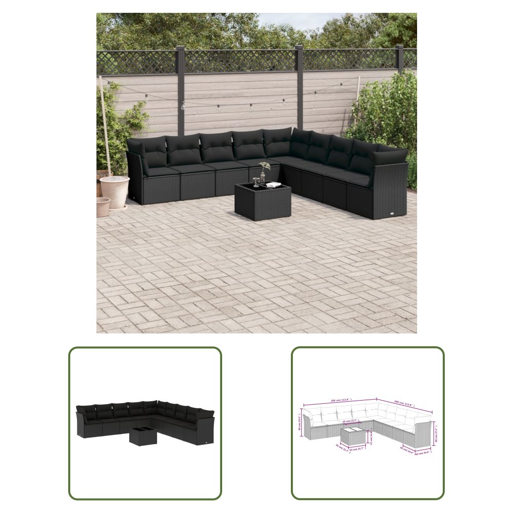 The Living Store 10-cz. zestaw wypoczynkowy do ogrodu - poduszki czarny rattan PE - Sofa Ogrodowa