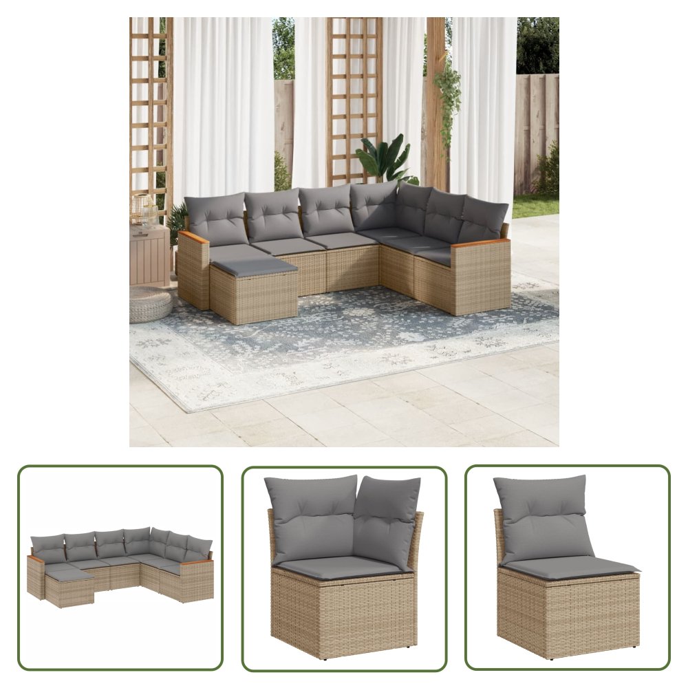 The Living Store 7-cz. zestaw mebli ogrodowych z poduszkami - mieszany beż - Sofa Ogrodowa
