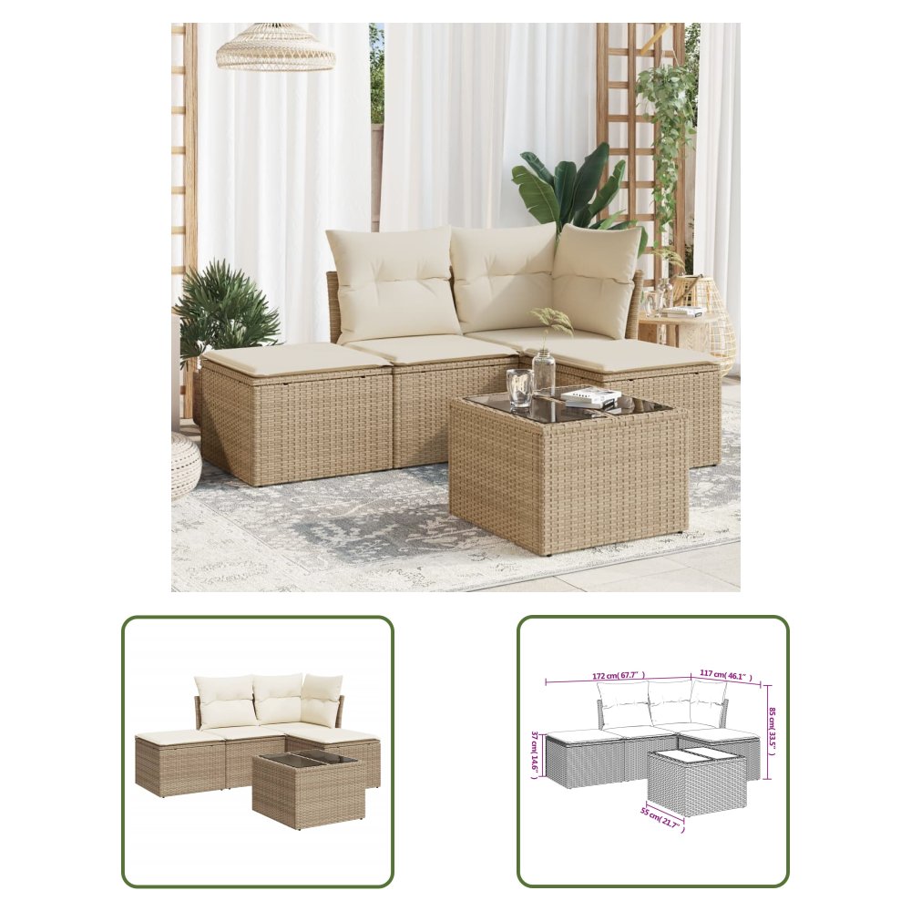 The Living Store 5-cz. zestaw mebli ogrodowych z poduszkami - beżowy - polirattan - Zestaw Wypoczynkowy Do Ogrodu