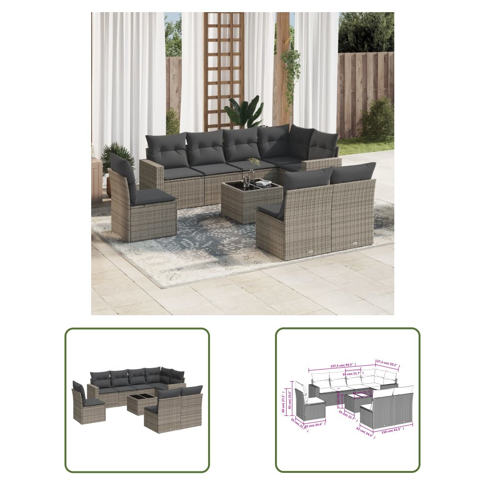 The Living Store 9-cz. zestaw mebli ogrodowych z poduszkami - szary - polirattan - Sofa Ogrodowa