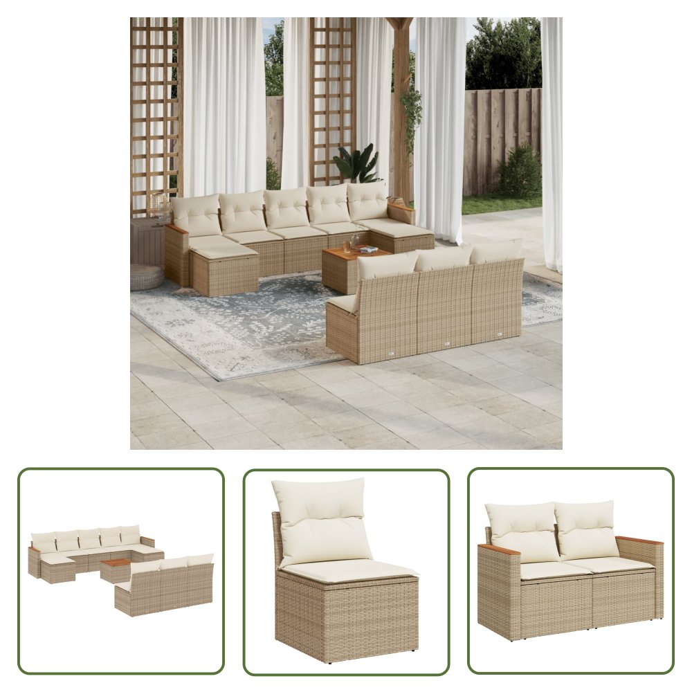 The Living Store 11-cz. zestaw mebli ogrodowych z poduszkami - beżowy - polirattan - Sofa Ogrodowa