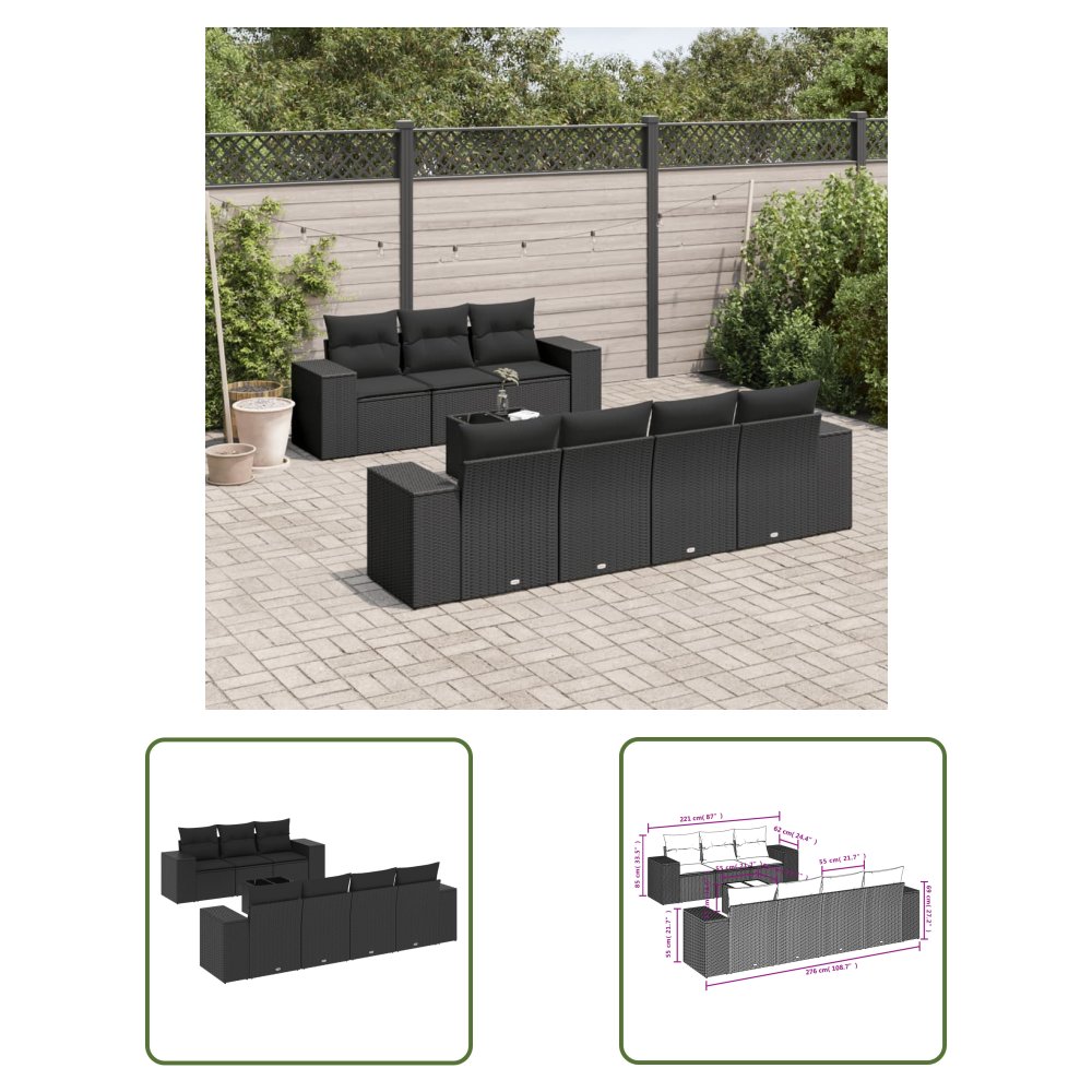 The Living Store 8-cz. zestaw wypoczynkowy do ogrodu - z poduszkami - czarny - Sofa Ogrodowa