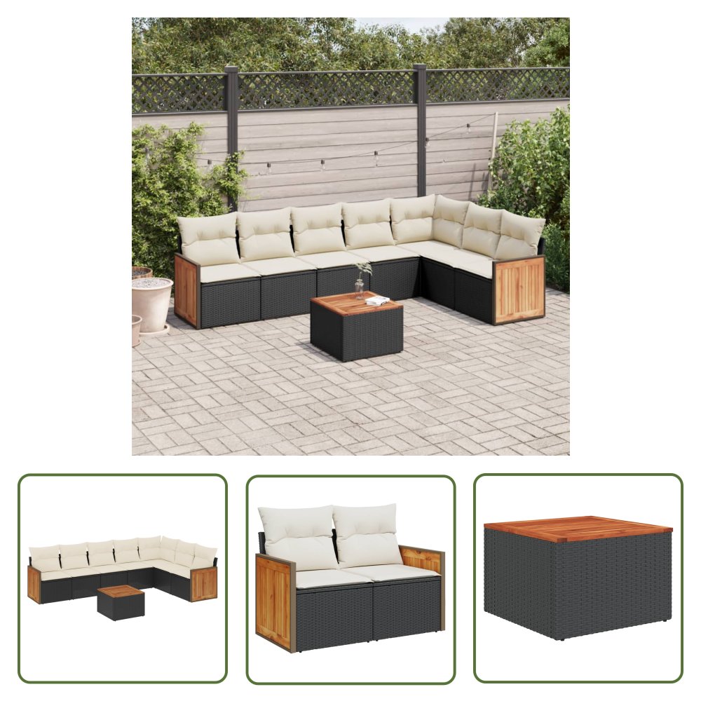 The Living Store 8-cz. zestaw wypoczynkowy do ogrodu - z poduszkami - czarny - Sofa Ogrodowa