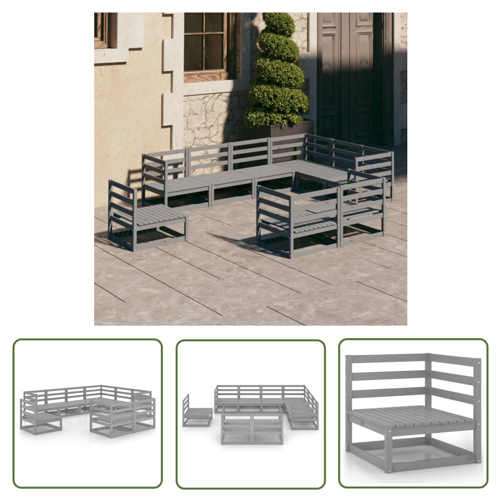 The Living Store 9-cz. zestaw mebli wypoczynkowych do ogrodu - szary - sosnowy - Zestaw Wypoczynkowy Do Ogrodu