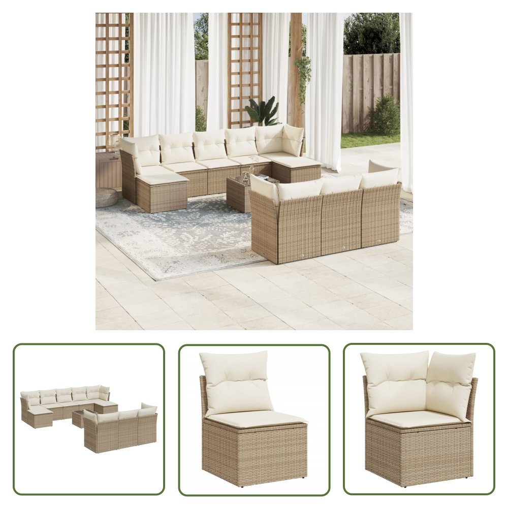 The Living Store 11-cz. zestaw mebli ogrodowych z poduszkami - beżowy - polirattan - Sofa Ogrodowa