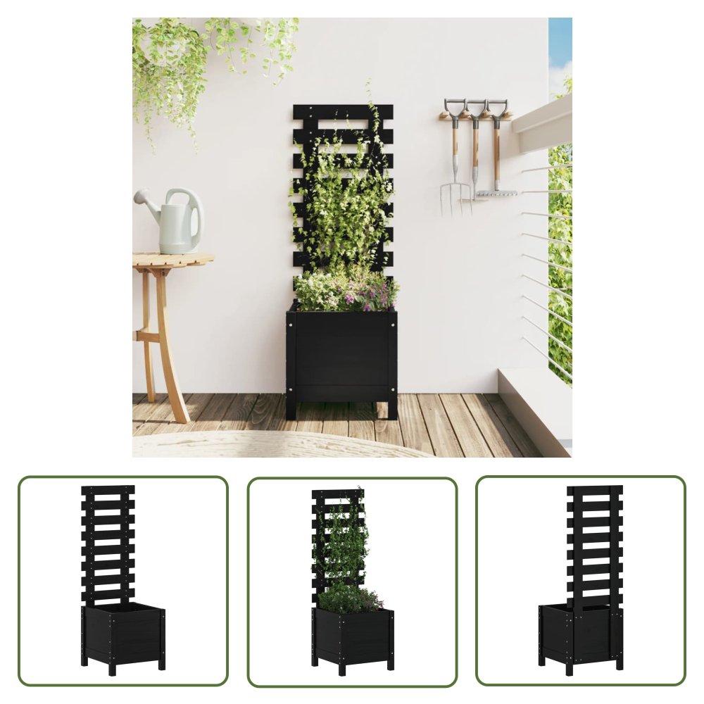 The Living Store Donica ogrodowa z trejażem - czarna - 39x39 -5x114 cm - lita sosna - Doniczka