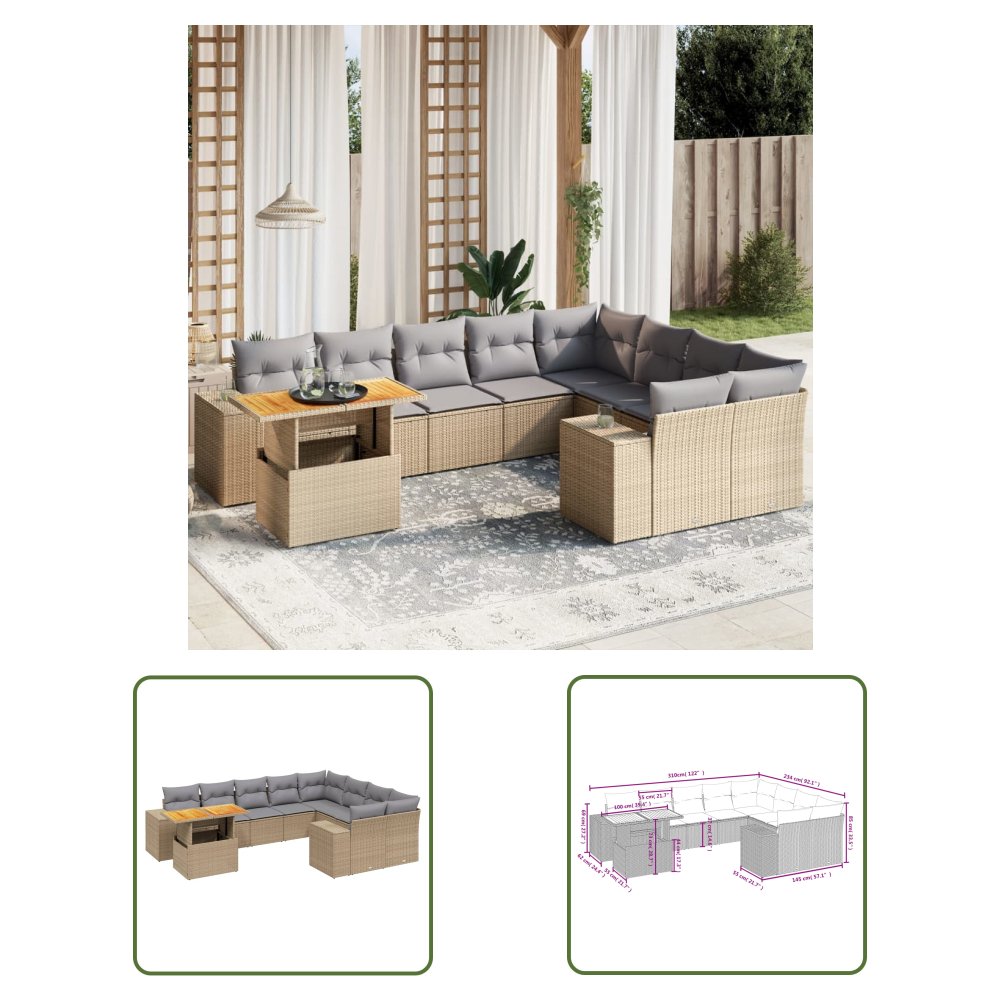The Living Store 10-cz. zestaw mebli ogrodowych z poduszkami - beżowy - polirattan - Sofa Ogrodowa