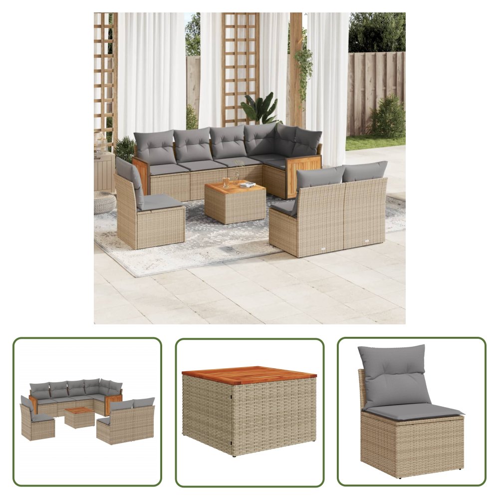 The Living Store 9-cz. zestaw mebli ogrodowych z poduszkami - beżowy - polirattan - Sofa Ogrodowa