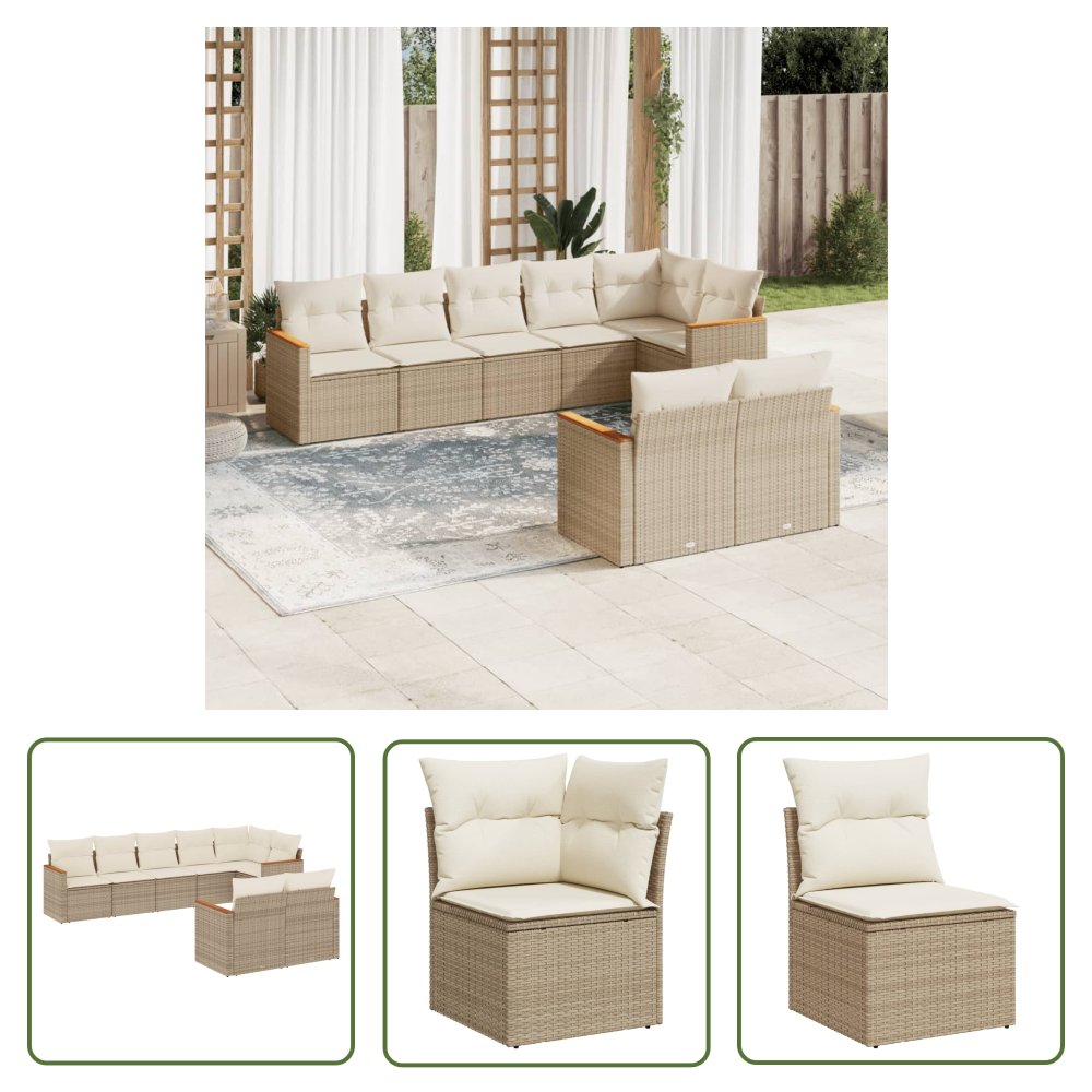 The Living Store 8-cz. zestaw mebli ogrodowych z poduszkami - beżowy - polirattan - Sofa Ogrodowa