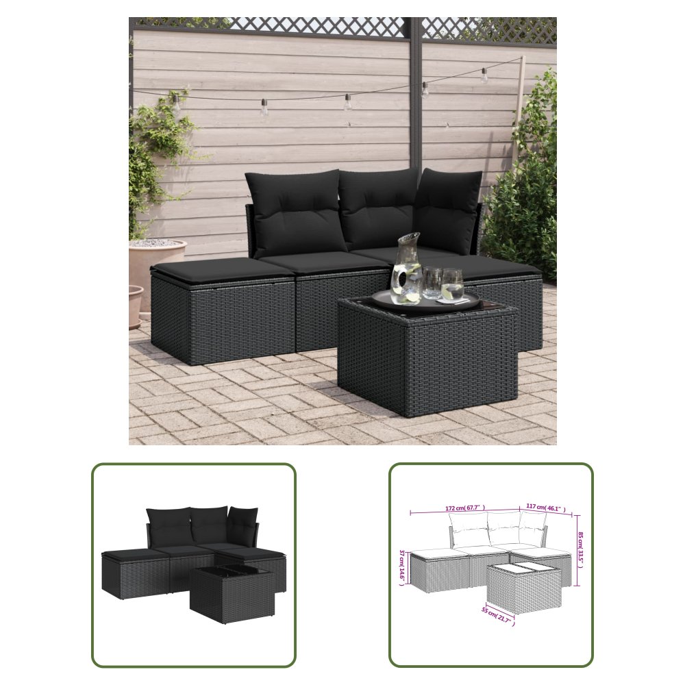 The Living Store 5-cz. zestaw wypoczynkowy do ogrodu - poduszki - czarny rattan PE - Sofa Ogrodowa