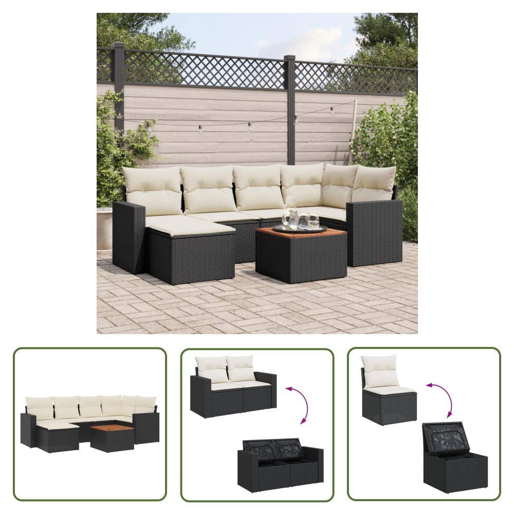 The Living Store 7-cz. zestaw wypoczynkowy do ogrodu - z poduszkami - czarny - Sofa Ogrodowa
