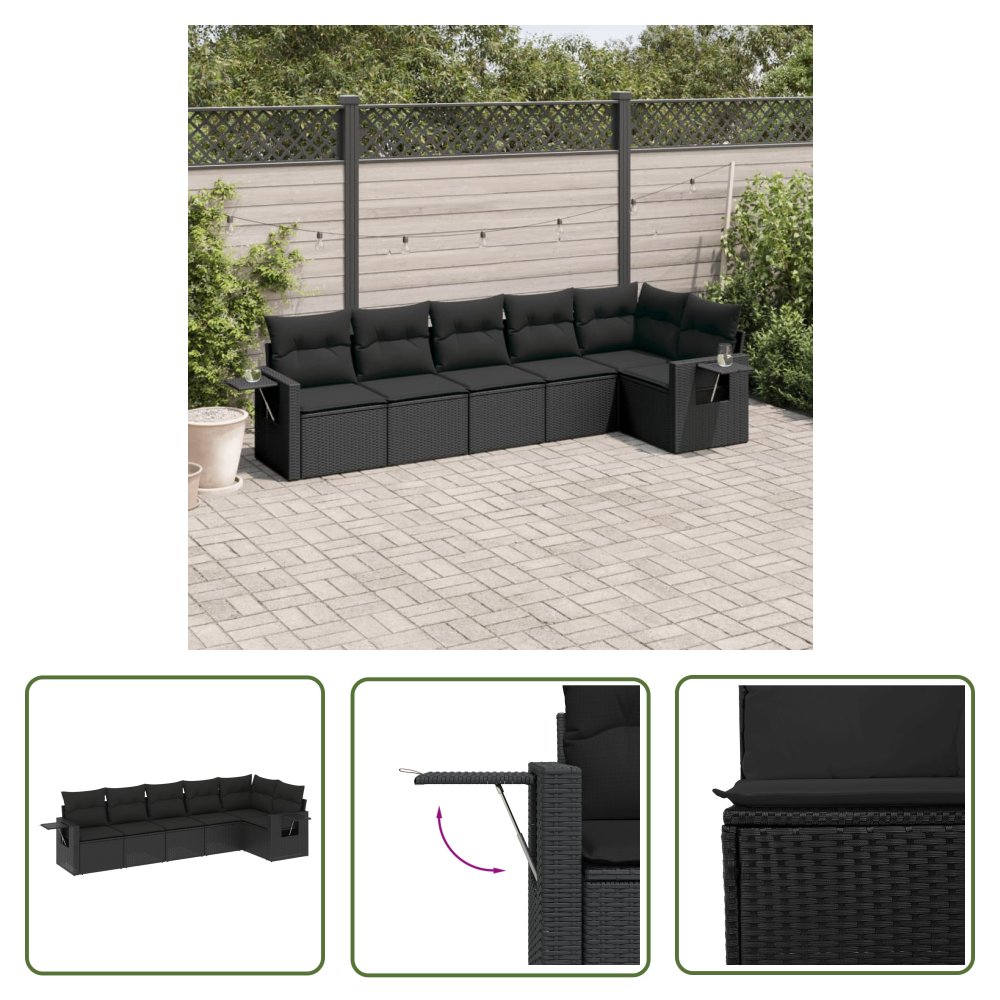 The Living Store 6-cz. zestaw mebli ogrodowych z poduszkami - czarny polirattan - Sofa Ogrodowa
