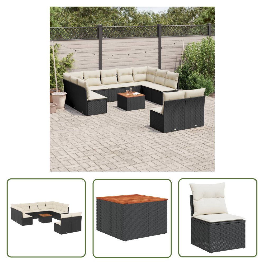 The Living Store 12-cz. zestaw mebli do ogrodu - z poduszkami - czarny - polirattan - Sofa Ogrodowa