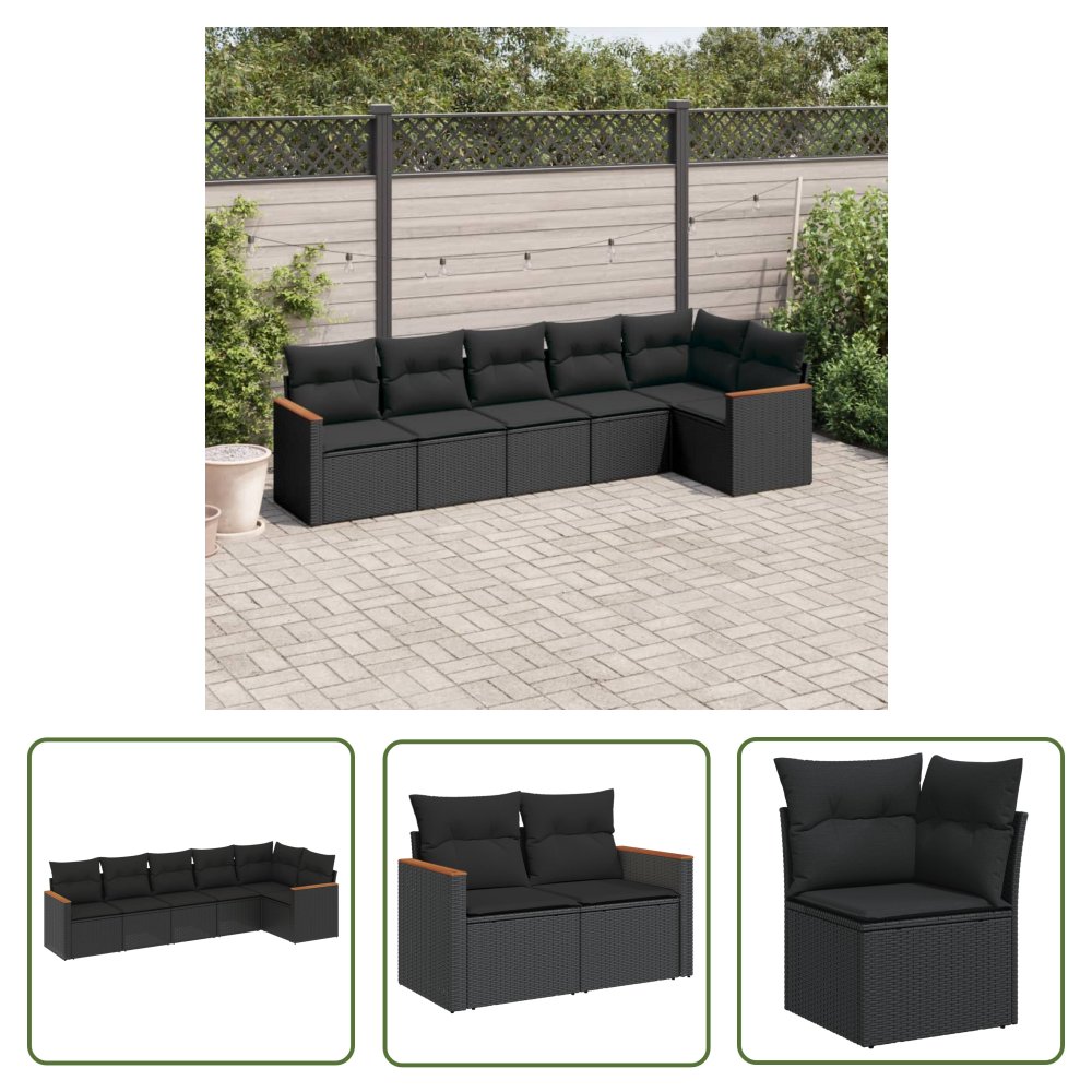 The Living Store 6-cz. zestaw mebli ogrodowych z poduszkami - czarny polirattan - Sofa Ogrodowa
