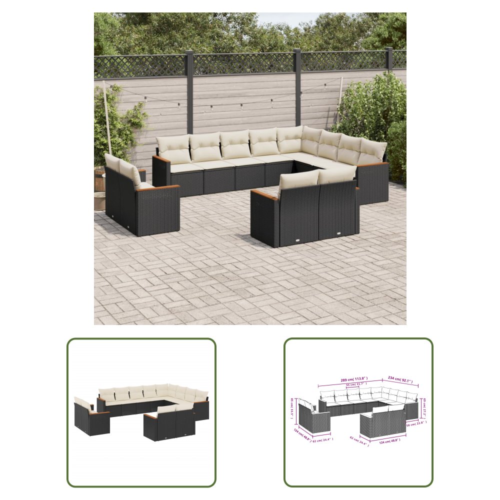The Living Store 12-cz. zestaw mebli do ogrodu - z poduszkami - czarny - polirattan - Sofa Ogrodowa