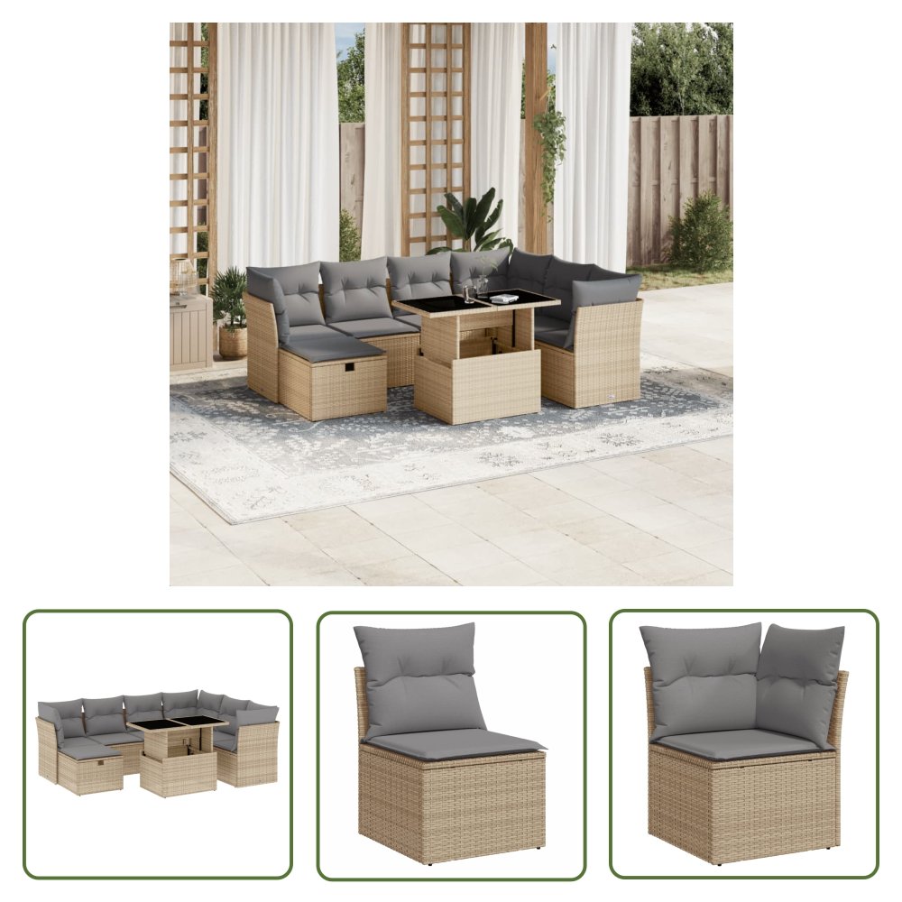 The Living Store 8-cz. zestaw mebli ogrodowych z poduszkami - beżowy - polirattan - Sofa Ogrodowa