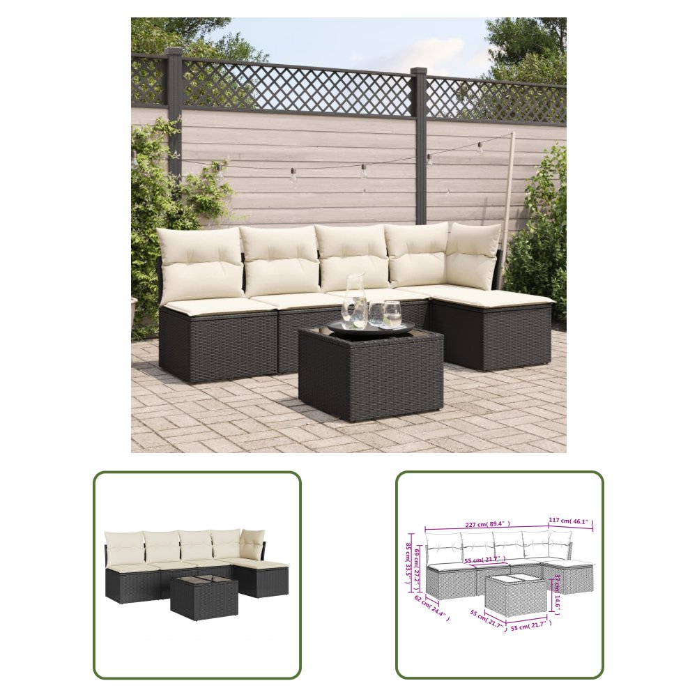 The Living Store 6-cz. zestaw mebli ogrodowych z poduszkami - czarny polirattan - Sofa Ogrodowa