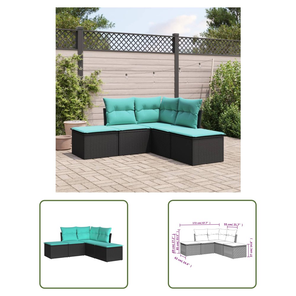 The Living Store 5-cz. zestaw wypoczynkowy do ogrodu - poduszki - czarny rattan PE - Sofa Ogrodowa
