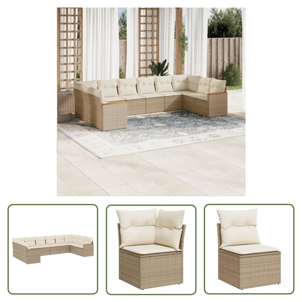 The Living Store 10-cz. zestaw mebli ogrodowych z poduszkami - beżowy - polirattan - Sofa Ogrodowa